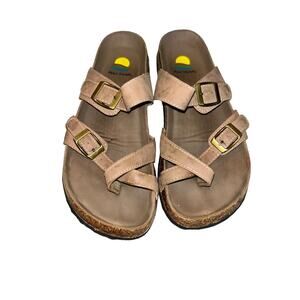 Maui Island Tan Slip On‎ Buckle Sandals Women 9M Walk Comfort Beach Vacation
